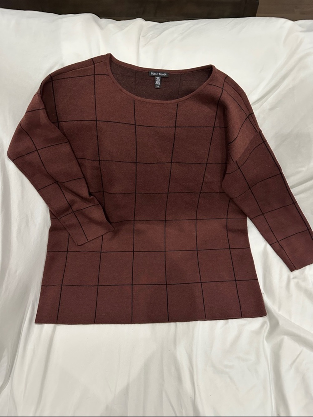 Eileen Fisher Burgundy Knit Top with Black Windowpane